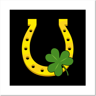 Lucky Golden Horseshoe with Shamrock on Black Posters and Art